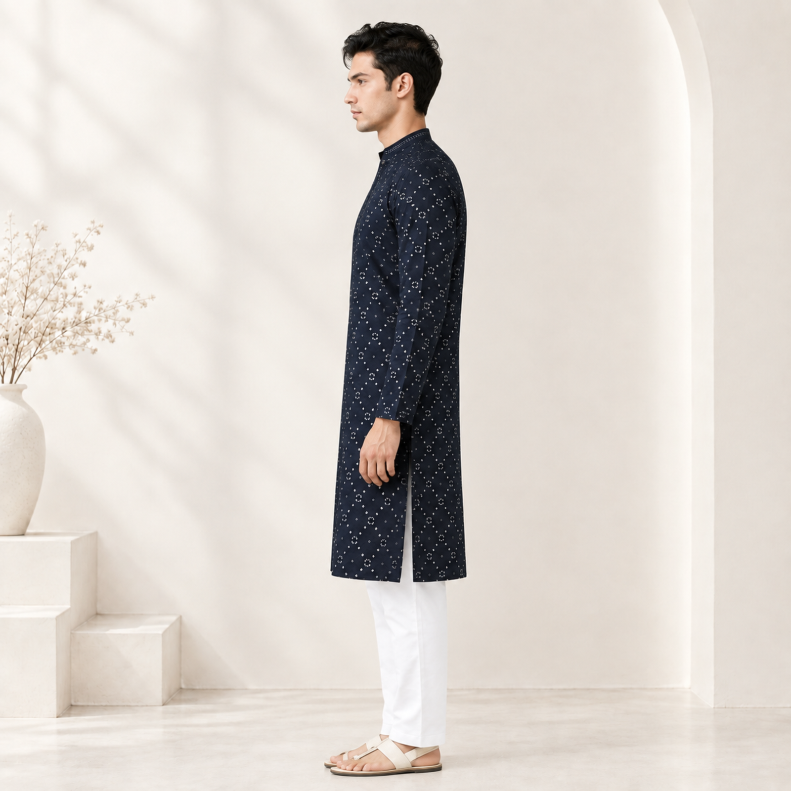 Black Printed Kurta for Men - Image 3