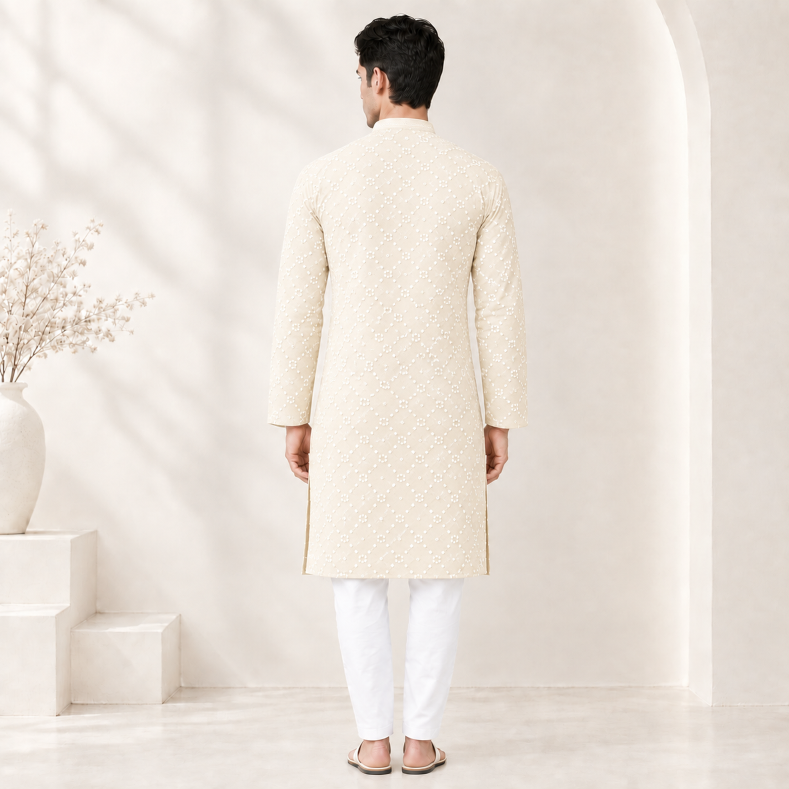 Ivory White Printed Kurta for Men - Image 2