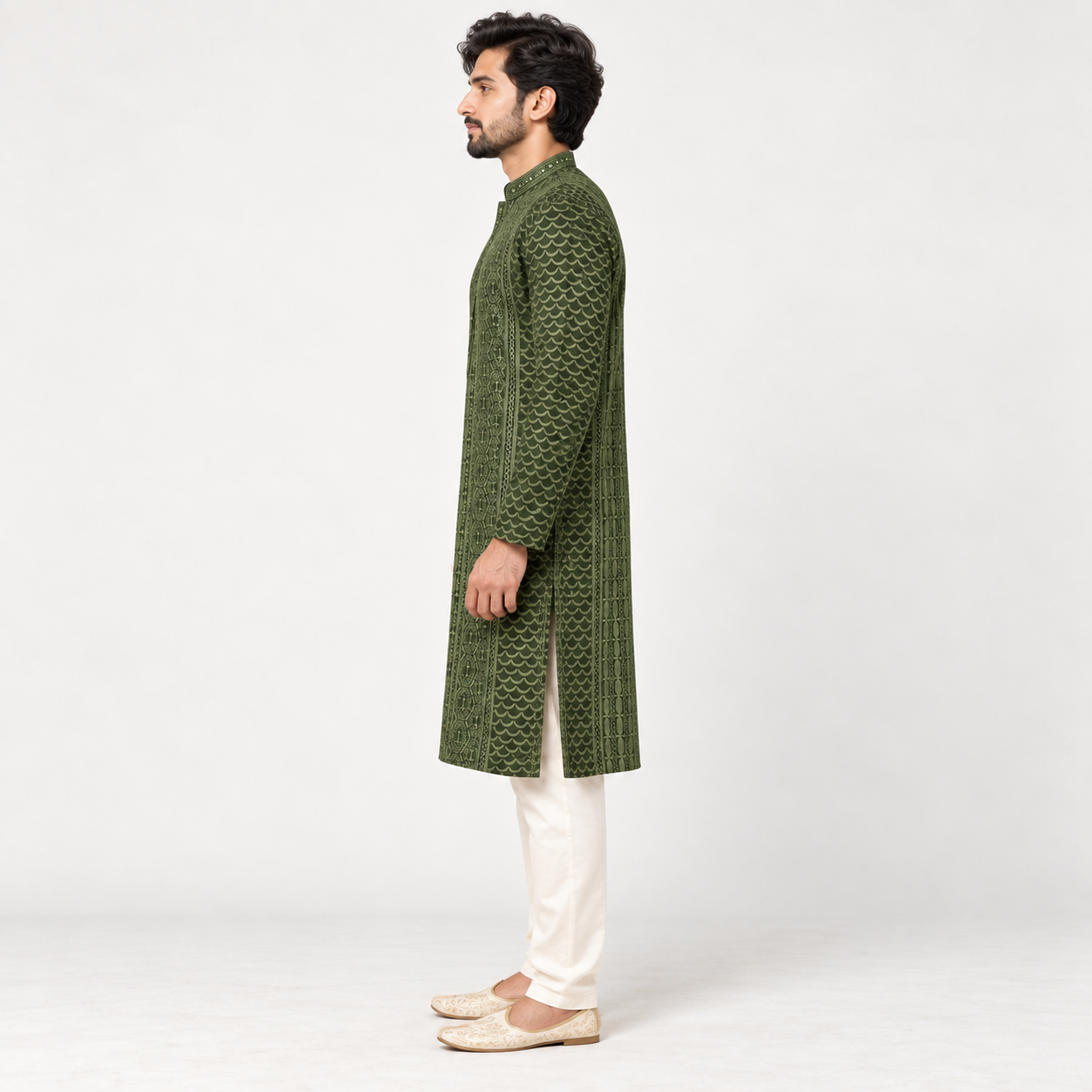 Olive Green Embroidered Kurta for Men - Image 2