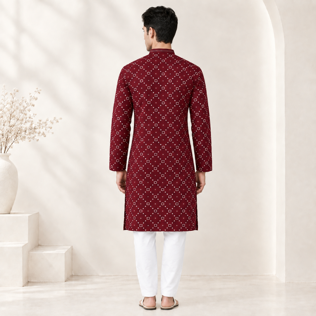 Maroon Printed Cotton Kurta for Men - Image 3