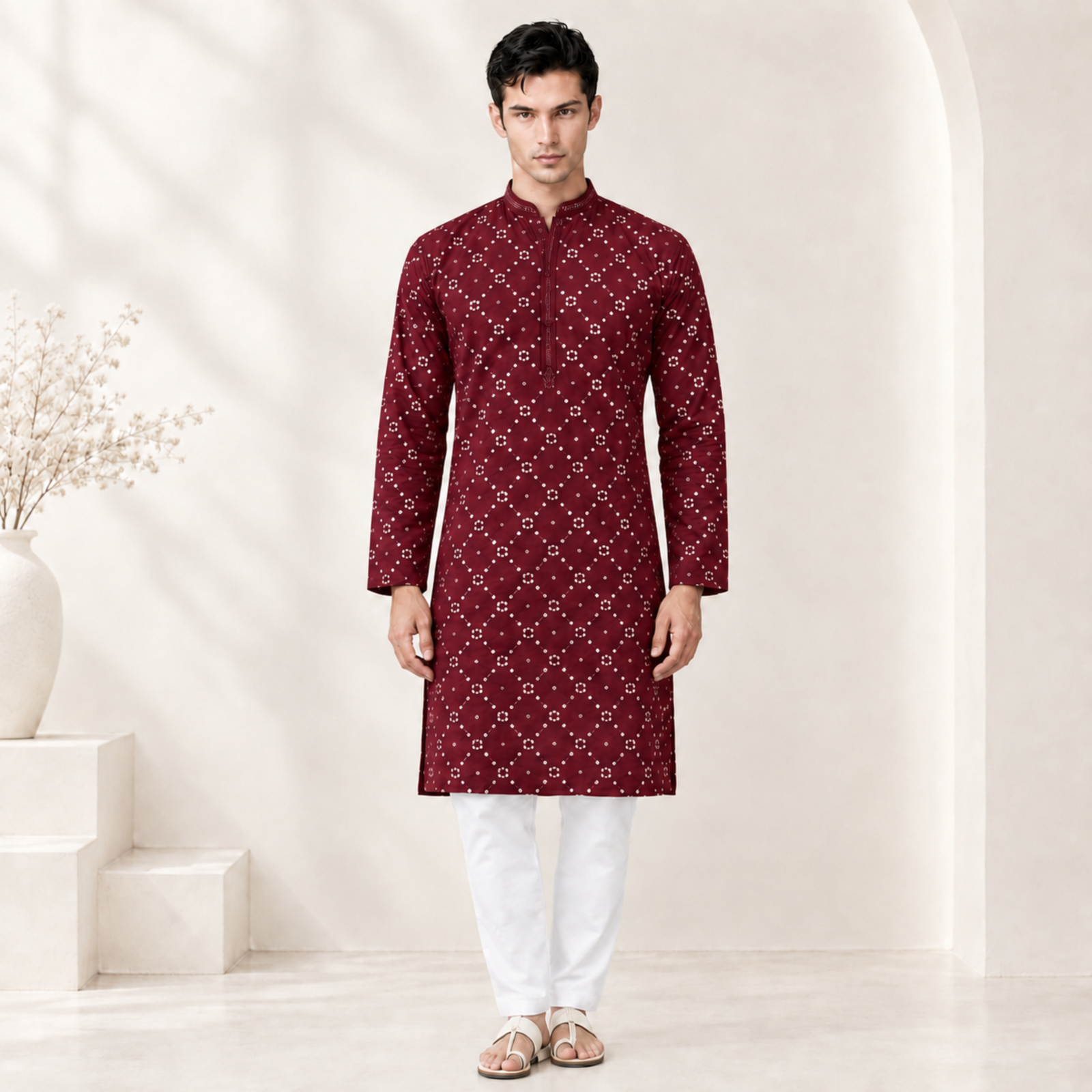 Maroon Printed Cotton Kurta for Men