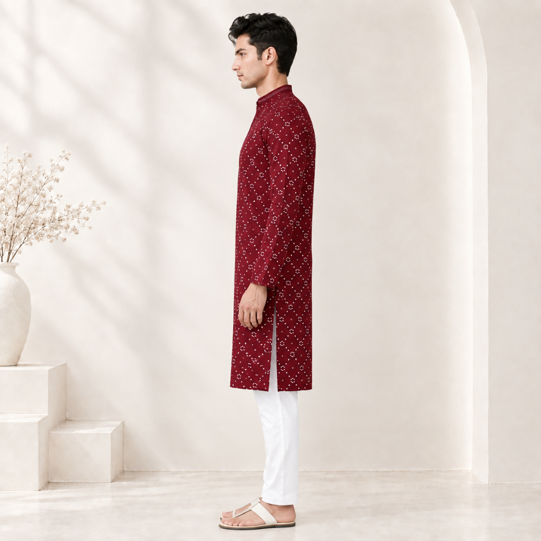 Maroon Printed Cotton Kurta for Men - Image 2