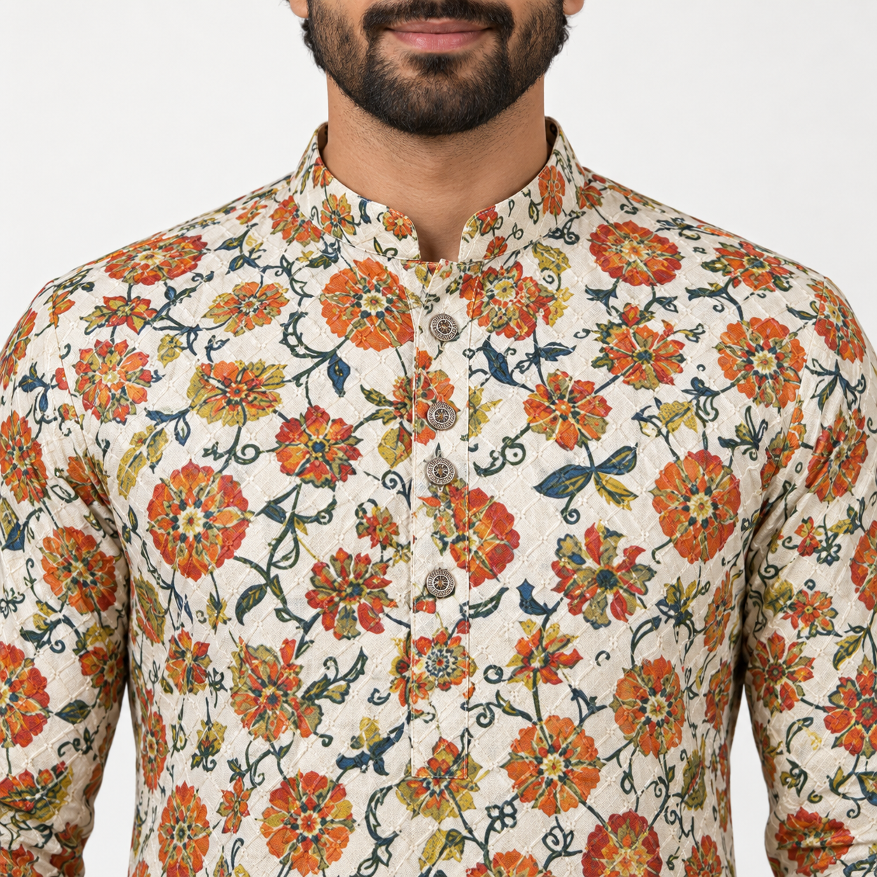 Ivory Orange Floral Kurta for Men - Image 4
