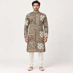 Brown Patchwork Printed Kurta for Men