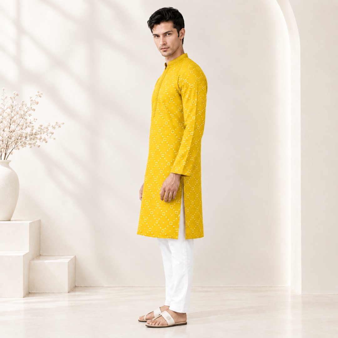Mustard Yellow Printed Kurta for Men - Image 2