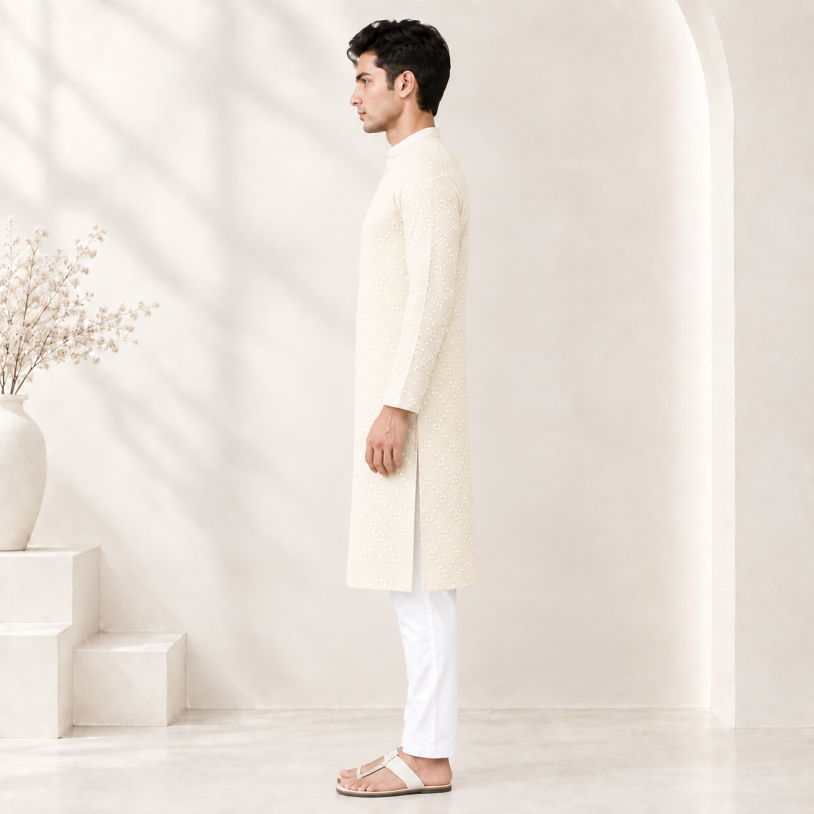 Ivory White Printed Kurta for Men - Image 3