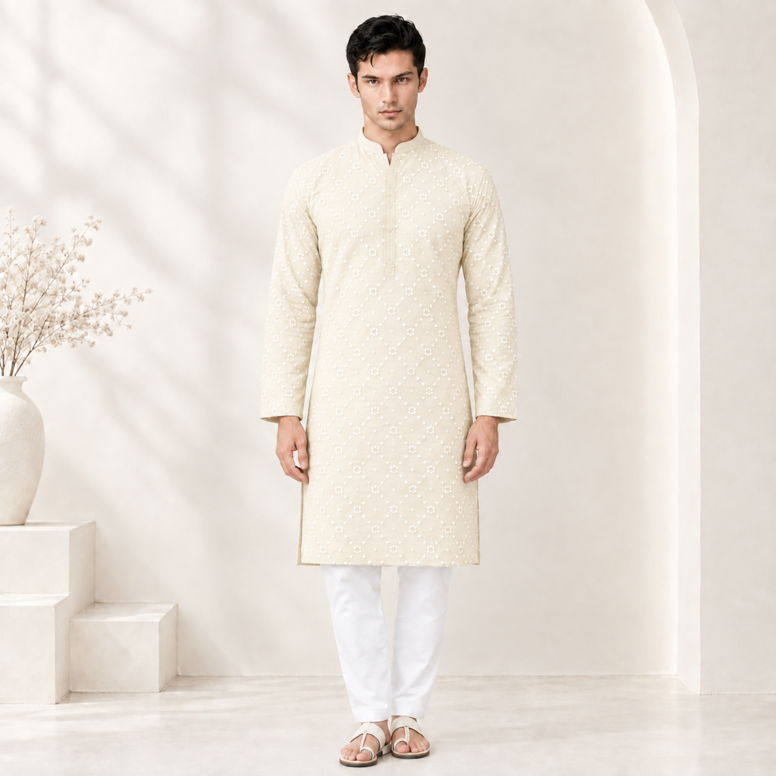 Ivory White Printed Kurta for Men