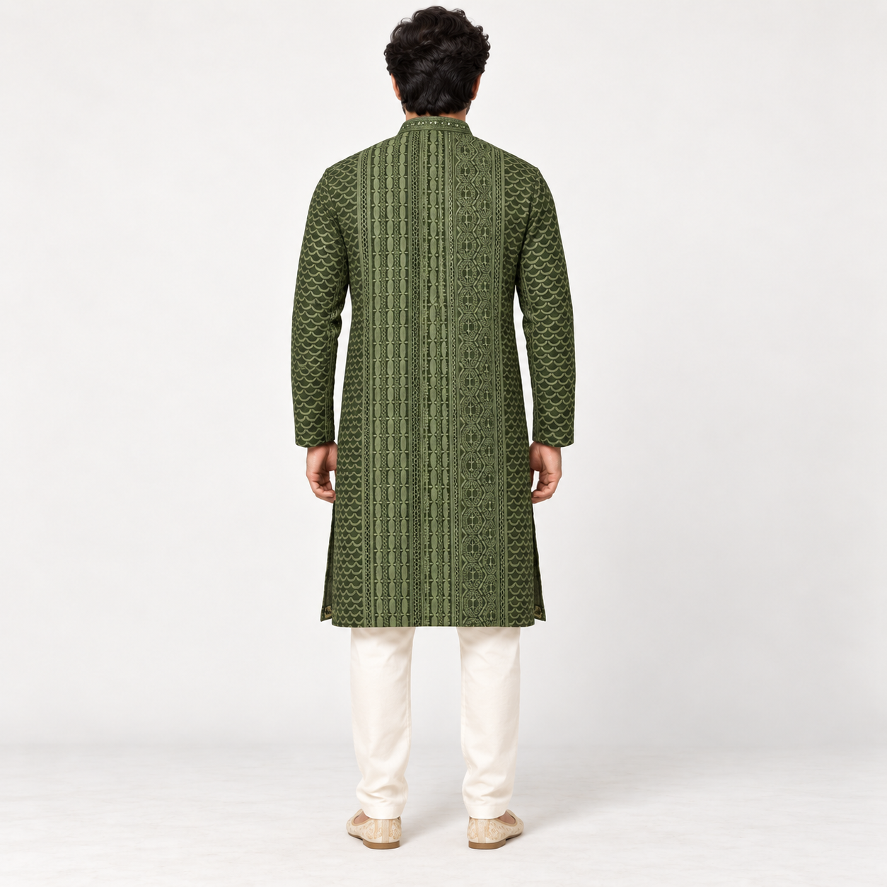 Olive Green Embroidered Kurta for Men - Image 3