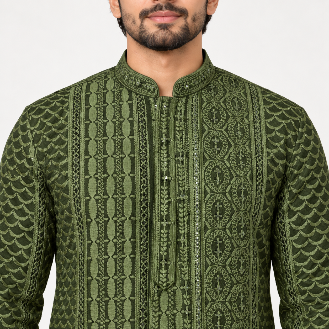 Olive Green Embroidered Kurta for Men - Image 4