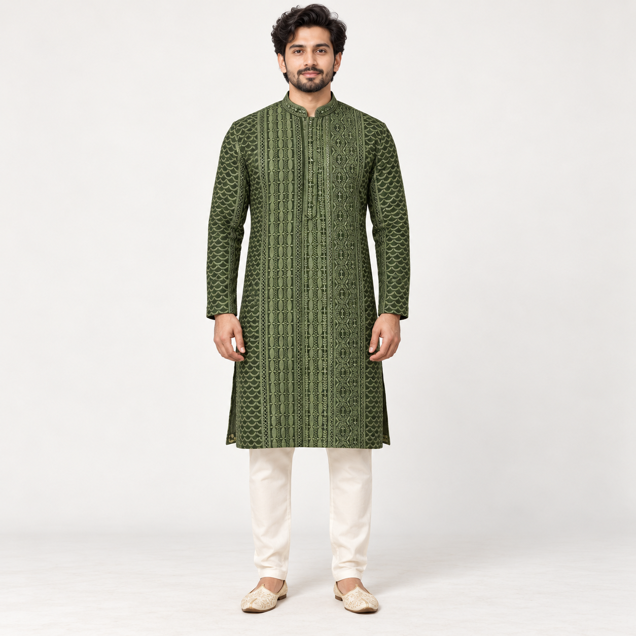 Olive Green Embroidered Kurta for Men