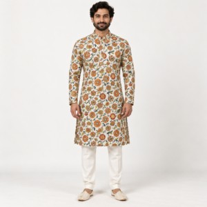 Ivory Orange Floral Kurta for Men