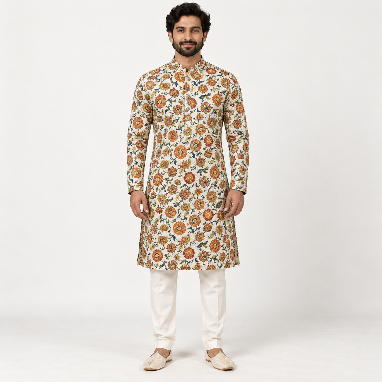Ivory Orange Floral Kurta for Men