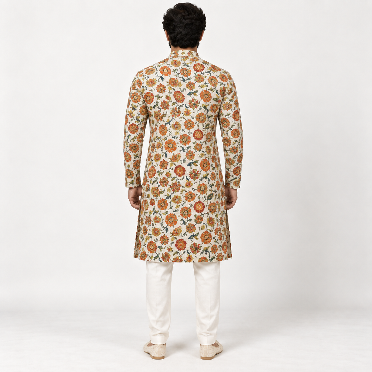 Ivory Orange Floral Kurta for Men - Image 3