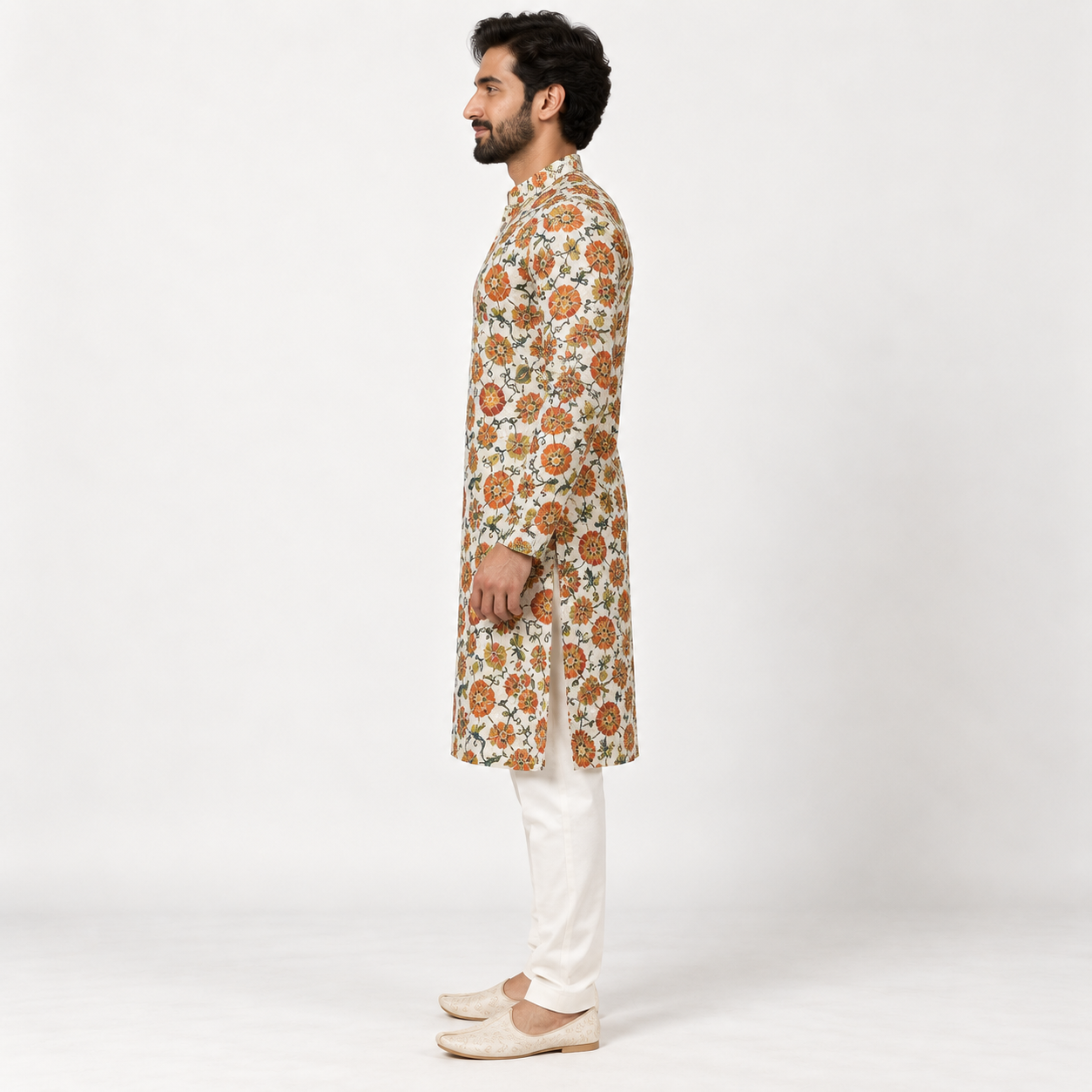 Ivory Orange Floral Kurta for Men - Image 2