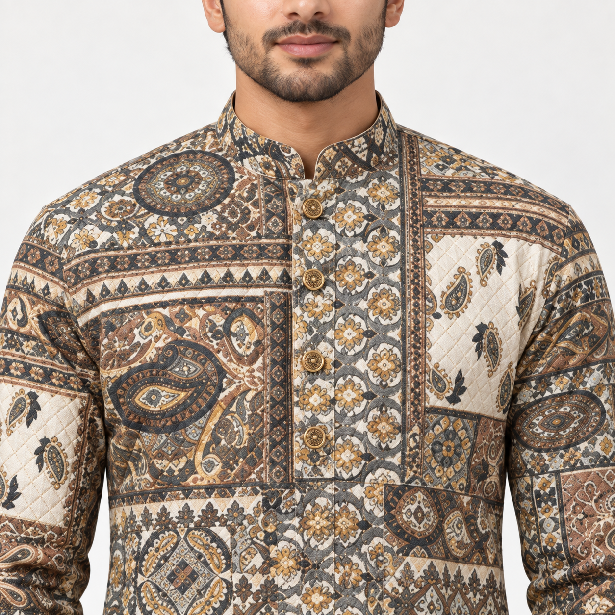 Brown Patchwork Printed Kurta for Men - Image 4