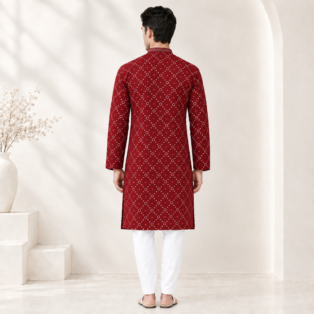 Red Printed Kurta for Men - Image 2