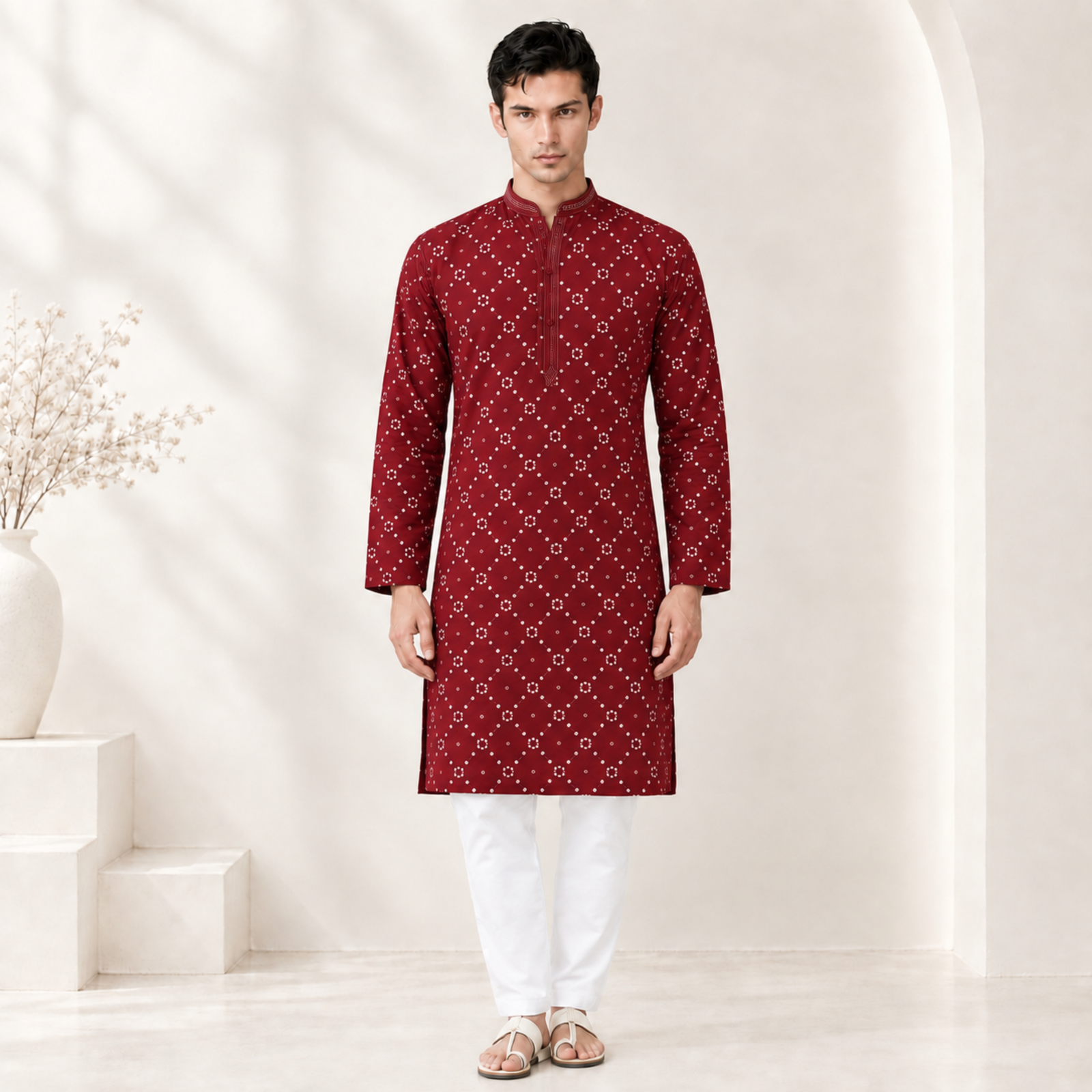 Red Printed Kurta for Men