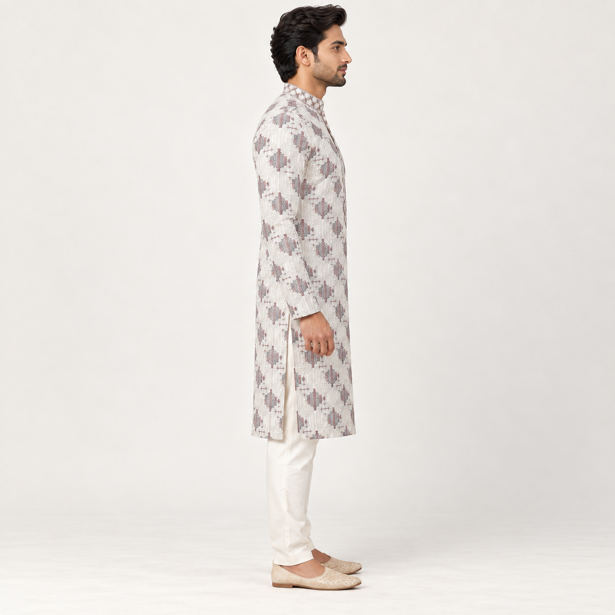 Ivory Printed Kurta for Men - Image 3