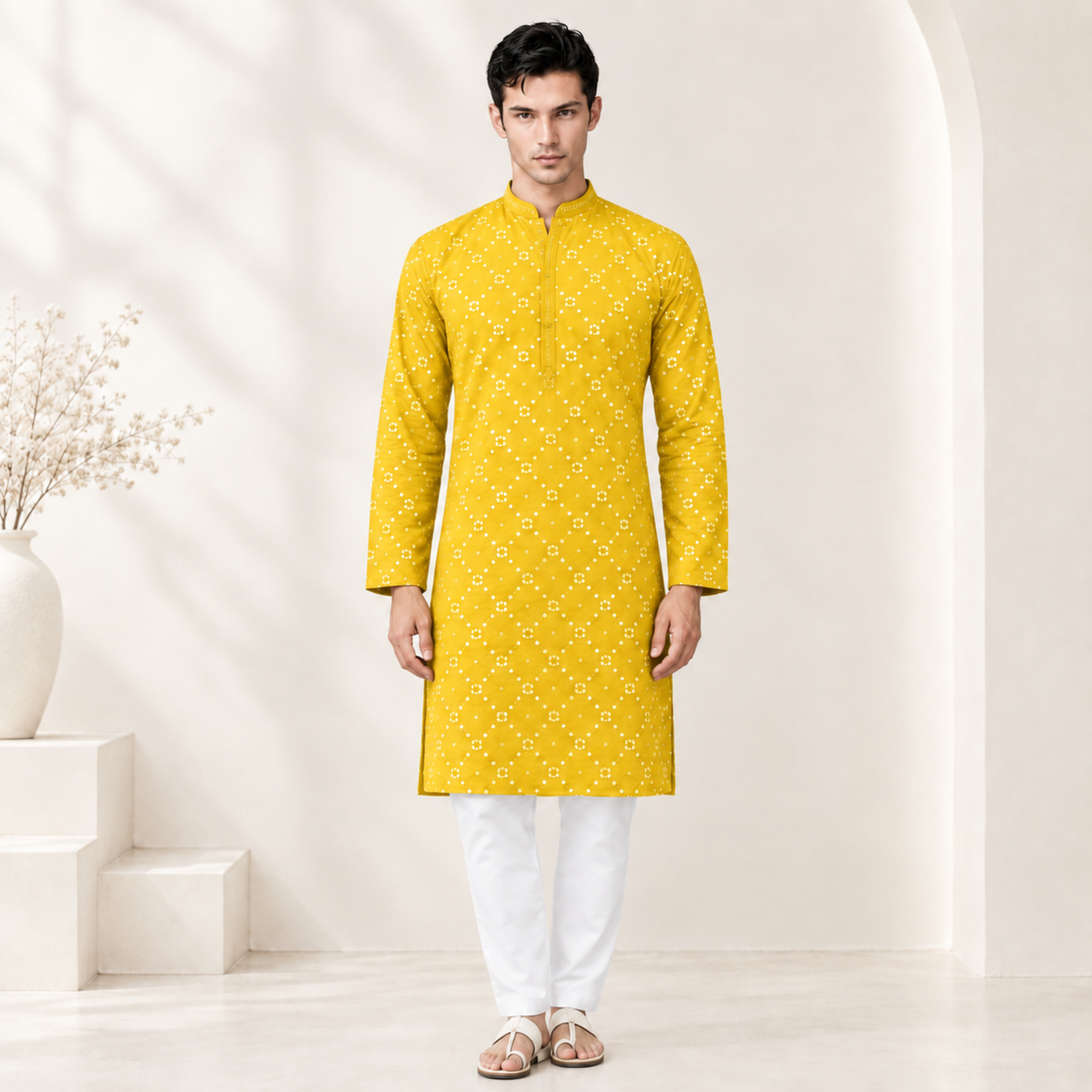 Mustard Yellow Printed Kurta for Men