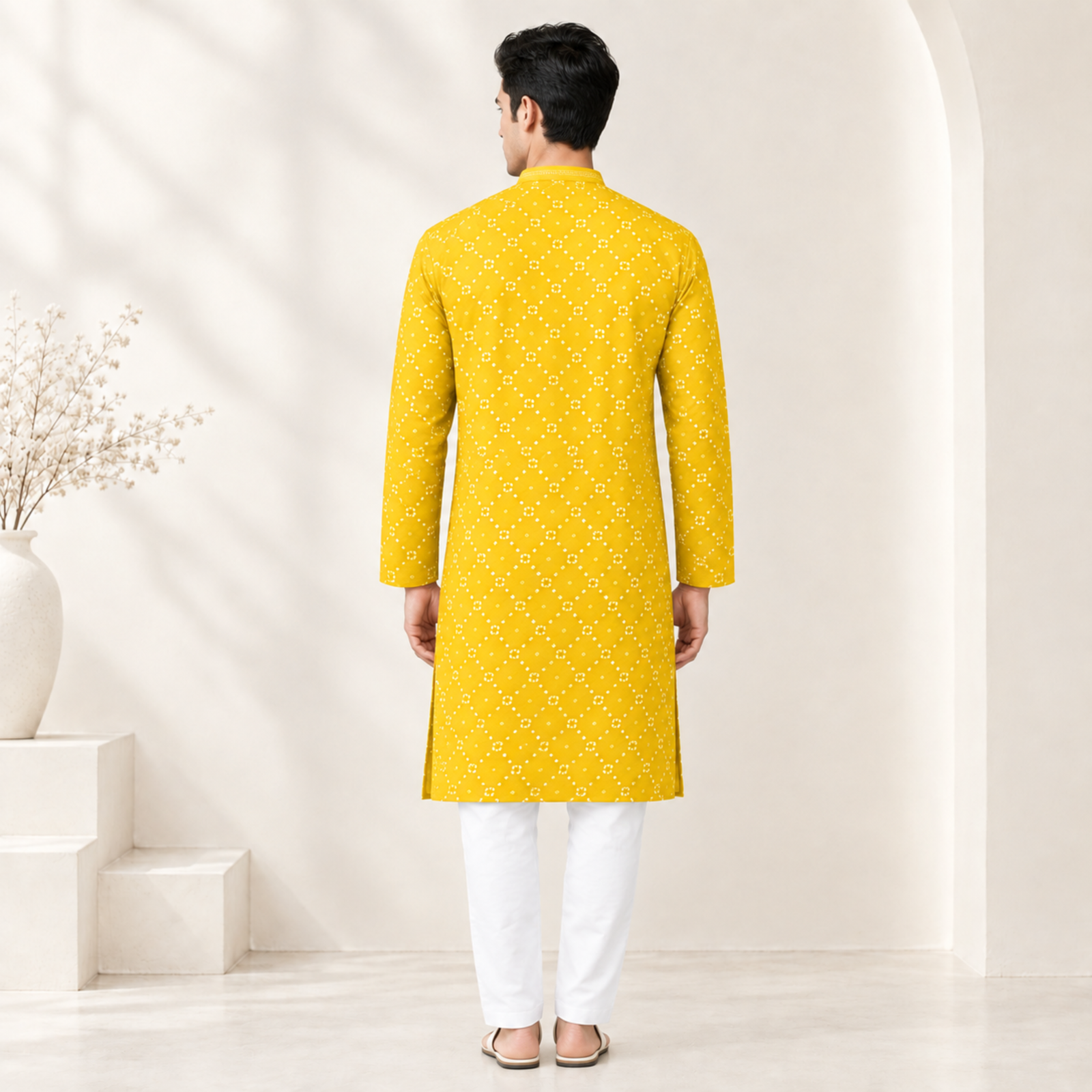 Mustard Yellow Printed Kurta for Men - Image 3
